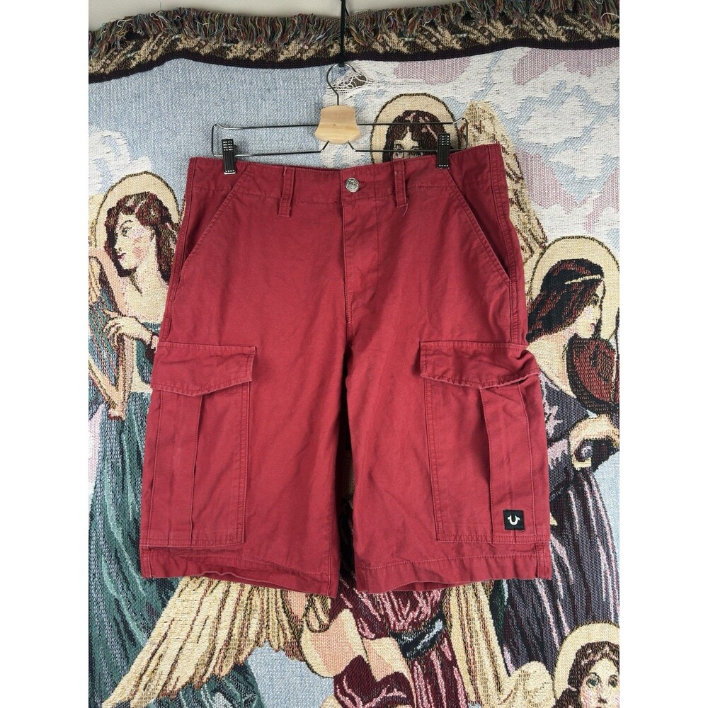 True Religion Mens Red Cargo Shorts Size 36x12 Loose Fit Thrashed
